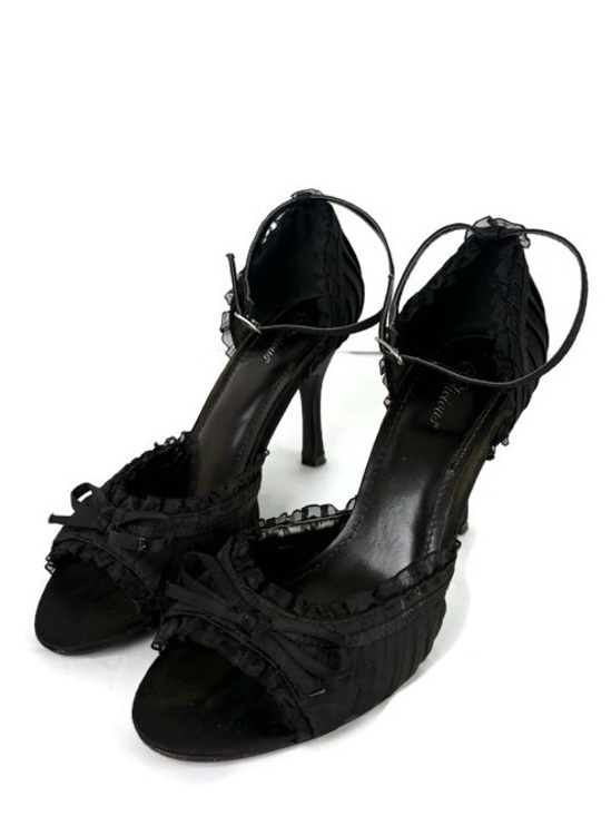Delicious Shoes - Delicious Open Toe Lace Bow Slip On Kitten Heels in Black